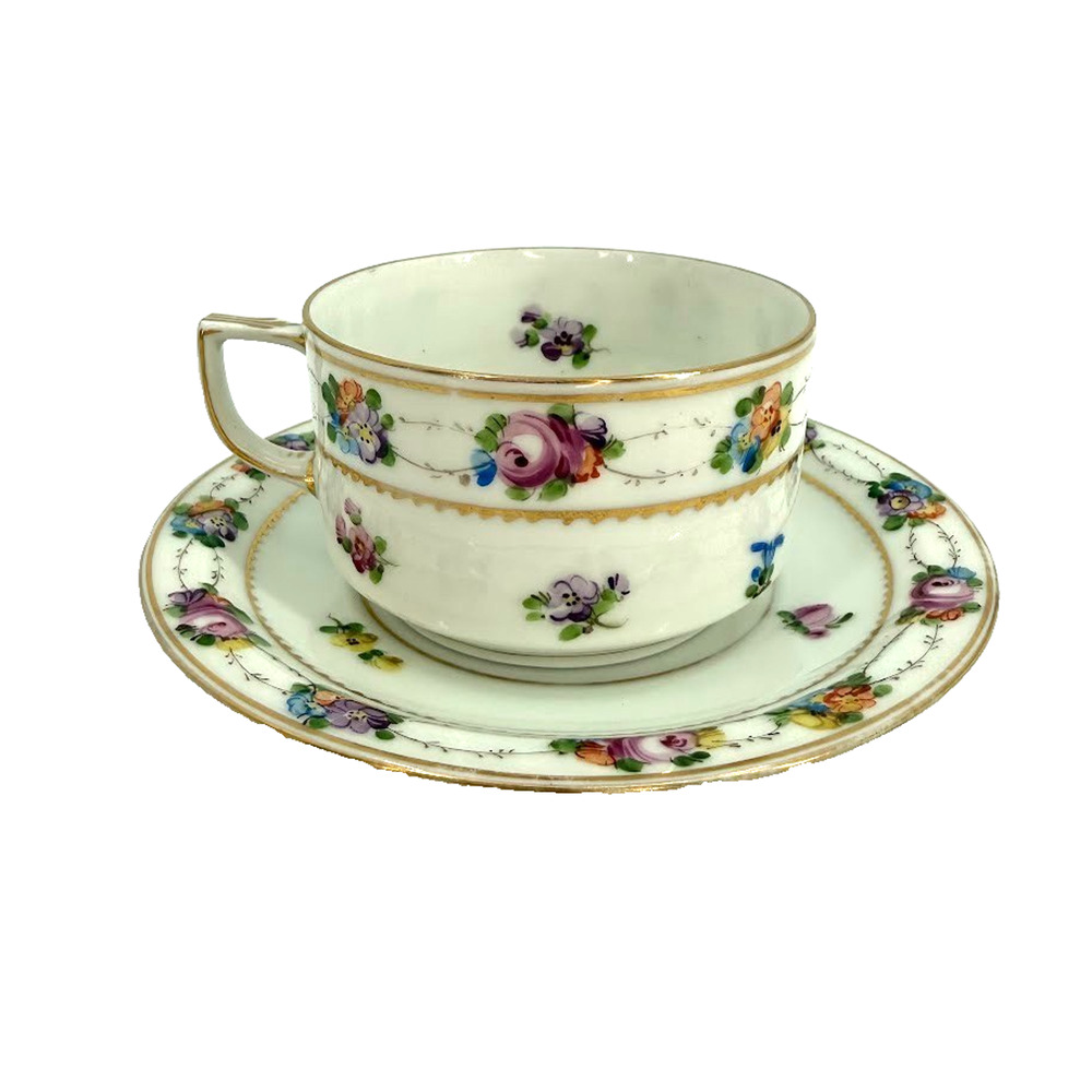 Dresden Germany Porcelain Hand Painted Floral Cup Saucer Gold Wreaths Crown Mark